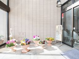 玄関前の花と案内板