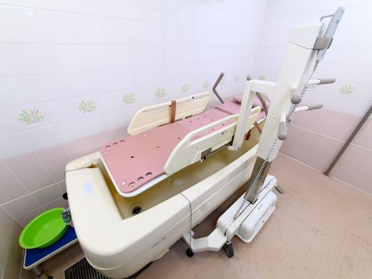 白とピンク色のタイル張りの浴室に、ハンドルや枕の付いた、担架のような形をした機械の付いた浴槽が設置されている。