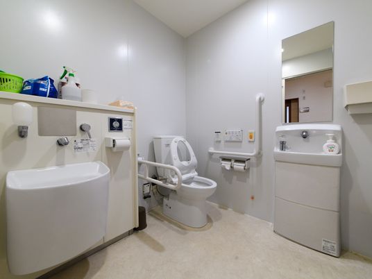 オストメイト対応トイレ。器具や腹部を洗浄する設備がある。車椅子でも安全に利用できるよう複数の種類の手すりが設置されている。
