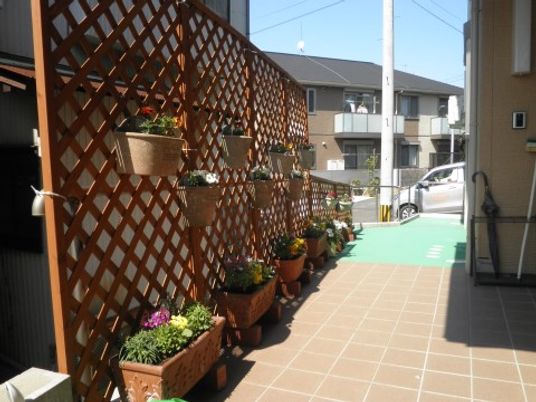 木製トレリスと鉢植えの通路