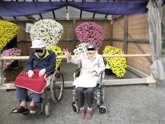 車椅子利用者と華やかな花