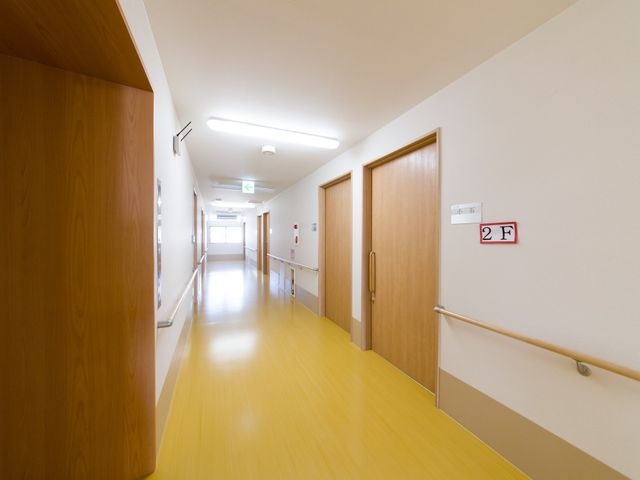 暖かみのある廊下 通路 明るい色合いの廊下は、清潔感があり、安全な手すりが整備されています。ゆったりとした間口で、快適な移動空間を提供しています。