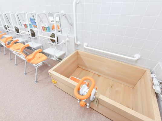 手すり付きの木製浴槽