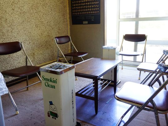 喫煙スペースには、小さな机と灰皿が2つ、パイプ椅子が5脚置かれている。そばには、ゴミ箱も設置されている。