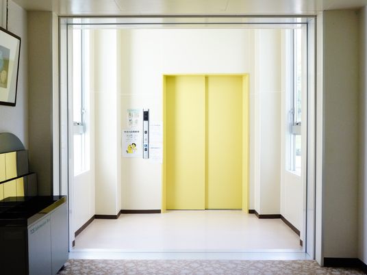 黄色い扉のエレベーター前のホールは、両サイドの窓から温かい光が差し込んでいる。手前の廊下には、絵が壁に飾られている。