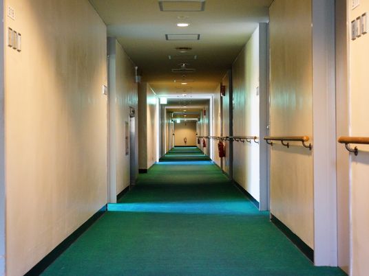 エメラルドグリーン色の奥まで長く続く廊下が続いている。両サイドには、番号のふられた居室が多数並んでいる。