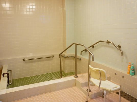正面奥に浴槽があり、その中の壁には手すりが付いている。そこの手前側には階段が設置されていて、沿うようにして手すりが左右両側に付いている。