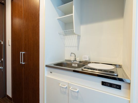 居室の中にはコンパクトなキッチンも設置されている。流し台とヒーターが並んでいるシンプルな設計をしている。