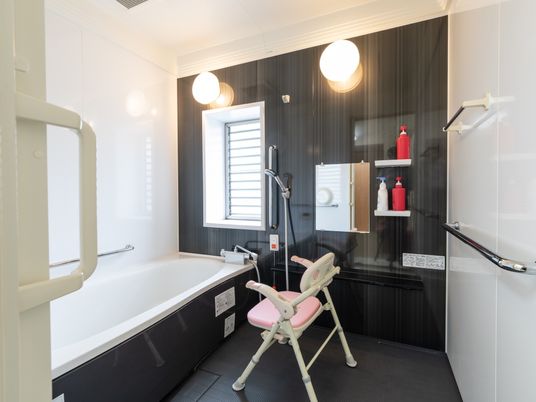 個室タイプの通常浴室。部屋全体が白と黒のツートンカラーになっている。壁には手すりとタオル掛けが取り付けてある。
