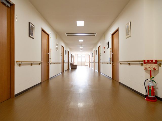 明るい廊下 廊下 明るい自然光が差し込む廊下です。両側に手すりが設けられ、安全に配慮されています。