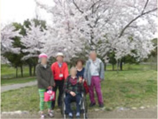 桜並木と散歩する人々