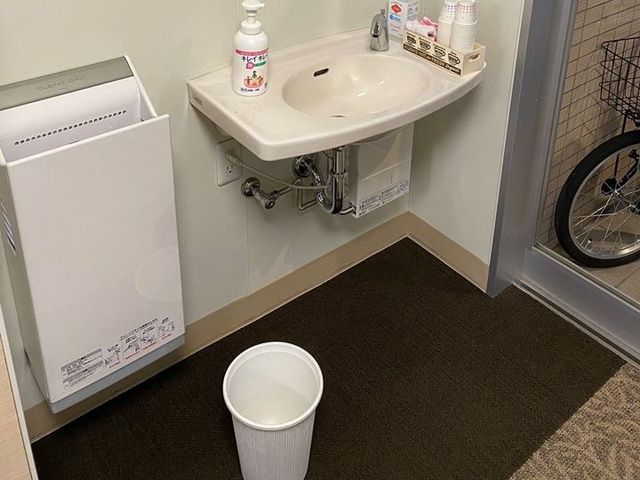 洗面台とごみ箱のある洗面台  