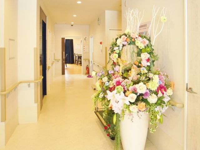 明るく清潔な廊下装飾 玄関 色鮮やかな花で飾られた廊下は、清潔感があり明るい雰囲気です。手すりも設置されており、安心して歩行できる環境が整っています。