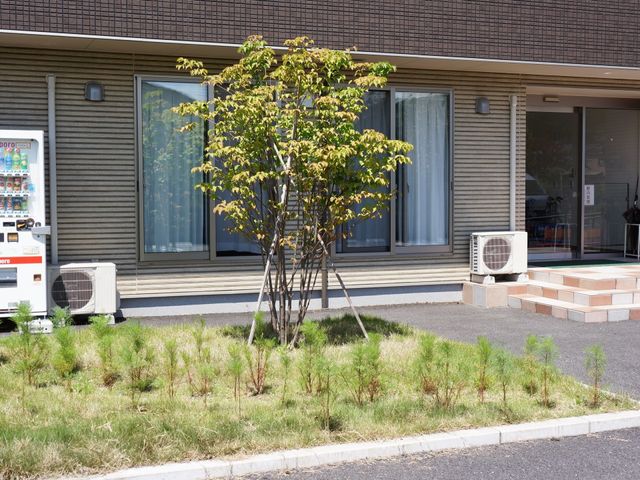 中庭の清々しい風景 入口 中庭には緑豊かな草花が植えられ、心地よいひとときを過ごせる空間があります。サッと外に出て新鮮な空気を吸うことができます。