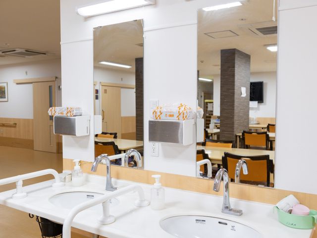 実用的な洗面台 洗面台 手すり付きで安全に使える洗面台です。広いスペースが快適な環境を提供します。
