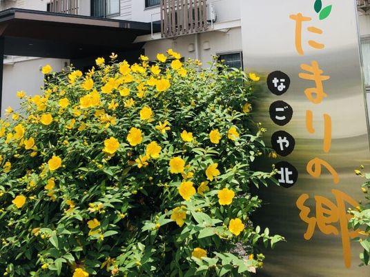 花と看板のある外観  