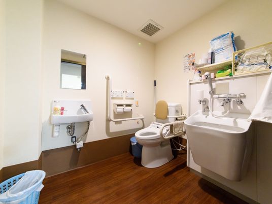 トイレの部屋は一般家庭とは違い、車椅子でも自由に移動できるようかなり広めに設計されている。室内にはゴミ箱も設置されている。