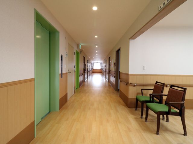 清潔な廊下の一角 廊下 木目調の床と温かみのある色使いで、落ち着いた雰囲気の廊下です。手すりも設置されており、利用者の安全な移動をサポートします。