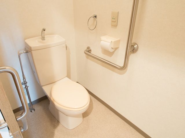 バリアフリートイレ設備 トイレ 手すり付きのトイレは、利用者の安全を支える配慮が行き届いています。動作のサポートに役立つ設計が自立を促進します。