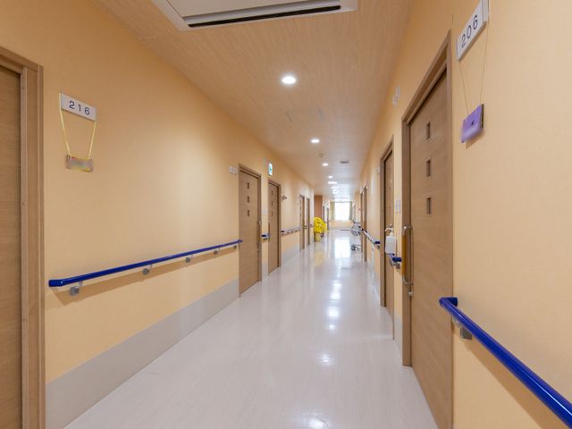 明るい廊下と部屋の扉 廊下 手すりが設置されたきれいな通路です。広々としており、安全に移動できる環境が整っています。