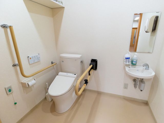 バリアフリートイレ設備 トイレ 手すりが設置されたトイレスペースで、安全に配慮された環境を体感できます。利用しやすさを考えた配慮がされた空間です。