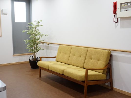 エレベーター前の通路には、気軽に腰掛けられるようにソファ用意されている。また観葉植物なども飾られている。