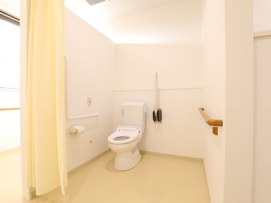 施設の写真 トイレはカーテンで仕切られており、壁には手すりが設置されている。便座の横にも可動式の手すりが設置されており、立ち座りや移動の際に利用できる。