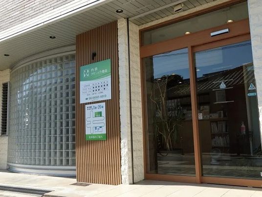 ガラス扉の入口と看板の外観  