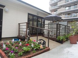 屋外の植物とテラス