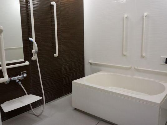 浴室にはバスタブとシャワーが1つずつ。茶色と白の壁には手すりが設置されている。湯沸かしは壁のスイッチで自動で行える。