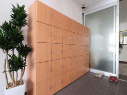 木目調のロッカーと観葉植物