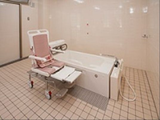 広々とした作りの浴室。湯船は浅く入り易い。キャスター付きの椅子も用意され、安全面では万全を尽くしている。