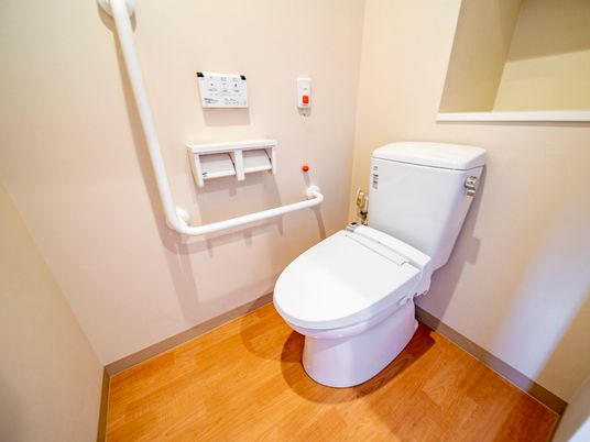 居室内のトイレである。壁にＬ字型の手すりや緊急時連絡用ボタンが設置されている。床は居室内と同じフローリングとなっている。