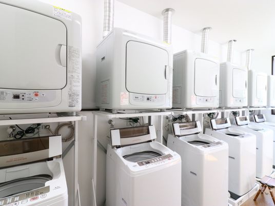 一列に並んだ乾燥機と洗濯機