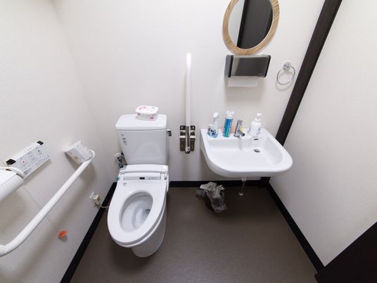 トイレは、温水洗浄便座になっている。トイレの壁にはトイレの操作スイッチと、ナースコールが設置されている。
