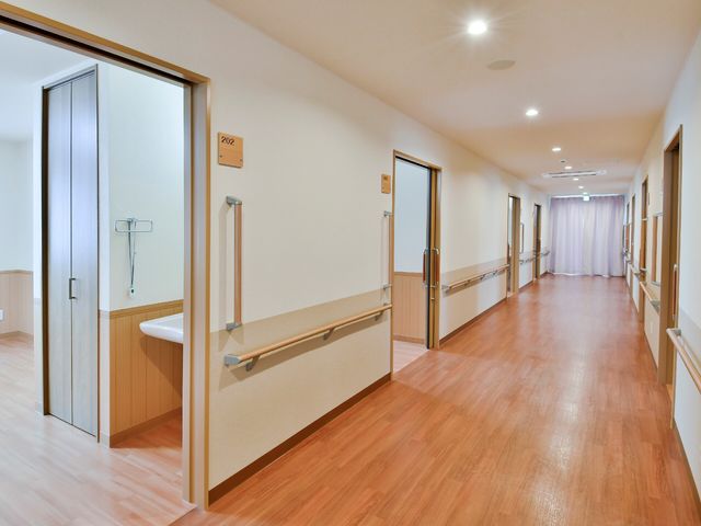 ハンドレール付きの廊下 廊下 手すりが完備された清潔感ある廊下です。安全に配慮されたデザインで、どなたでも快適にお過ごしいただけます。
