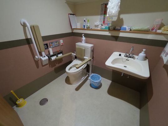 入居者様用の個室トイレ。車椅子でも入れるように部屋は広く作られており、便座には肘掛けと背もたれが取り付けてある。
