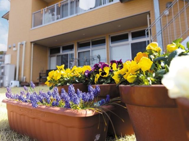 花壇のある外観 外観   建物の前に色とりどりの花が並び、明るい雰囲気が伝わります。就業先の環境を、やさしい印象で確認しやすい外まわりです。