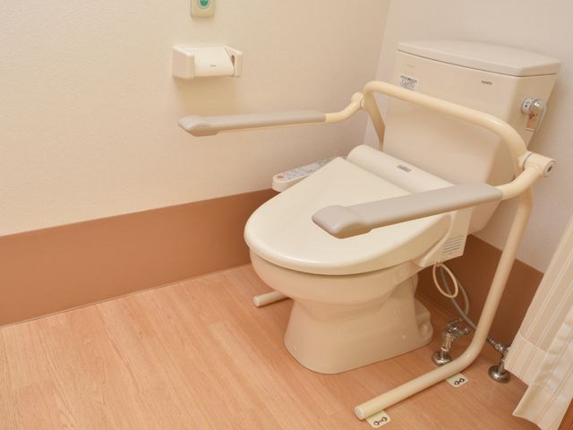 バリアフリー設計のトイレ トイレ 握りやすい手すりの付いた清潔なトイレです。利用者の自立と安全をサポートする工夫がされています。