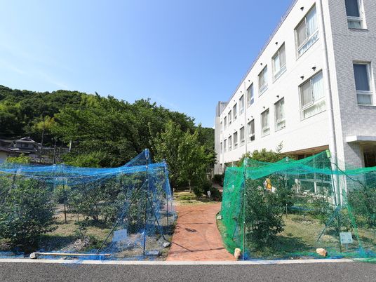 緑豊かな庭の施設外観