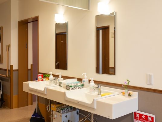 洗面台が2台置かれている。台の上に手指用消毒スプレー、使い捨て手袋、花瓶がある。壁に鏡が設置されている。