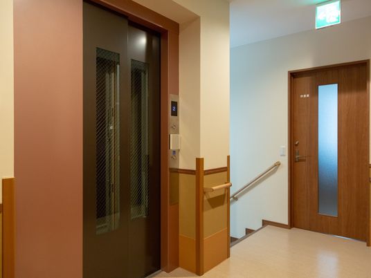 階段横に設置されたエレベーターは、黒い扉に小窓が取り付けられている。壁に車椅子専用のボタンが設置されている。
