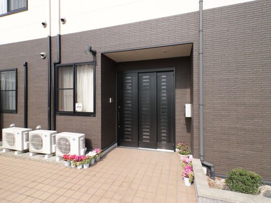茶色の壁の建物エントランス
