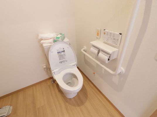 トイレは一般的な洋式便器を採用しており、手の届く壁にはナースコールと温水洗浄機能のコントローラーが取り付けてある。