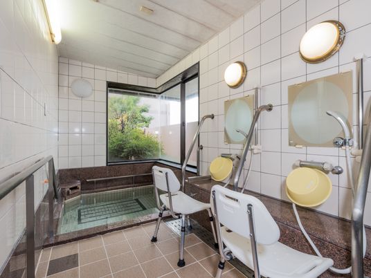 手すり付きの快適な浴室