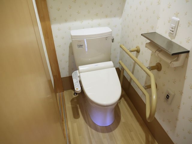 バリアフリー対応トイレ トイレ 安全かつ使いやすいサポートバー付きのモダンなトイレです。利用者の快適さと自立支援に配慮して設計されています。