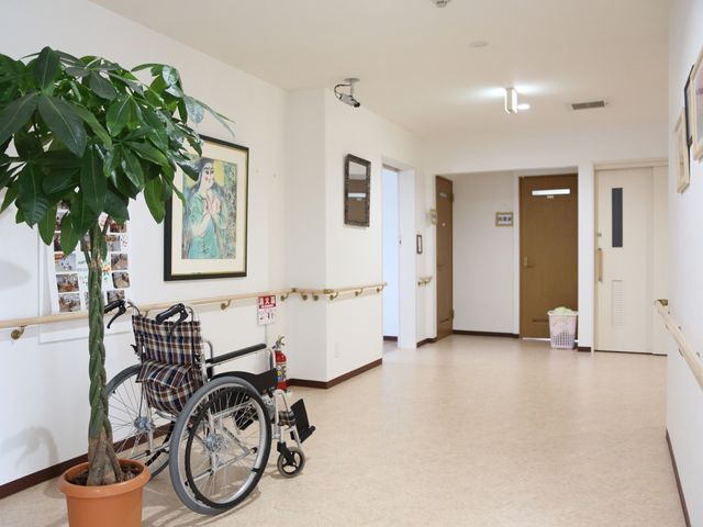 廊下に車椅子と鉢植え 通路 ゆったりとした廊下には手すりが備えられ、安全に配慮した設計です。日々の業務で円滑な動線が確保されています。