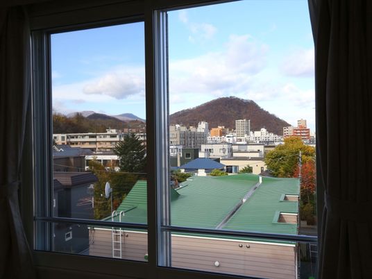 腰高窓から外の景色が見える。ビルやマンションなどが立ち、その奥に大きな山がそびえ立っている。手前の緑色の屋根の建物に白い梯子が掛かっている。