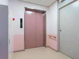 ピンク色のエレベーター扉
