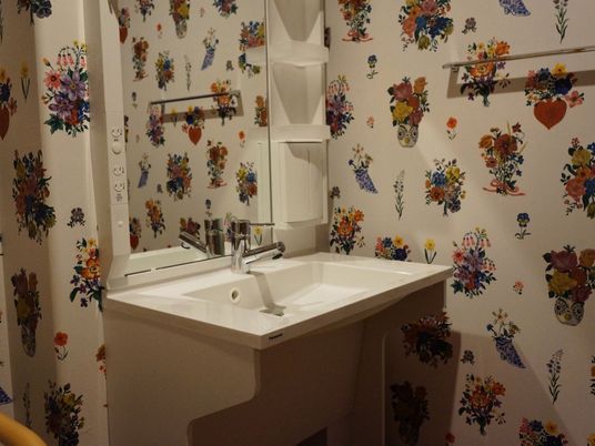 施設の写真 大きな鏡の付いた洗面台は、シンプルで使いやすい作り。歯ブラシ等の備品収納も可能である。白を基調としつつ華やかな壁紙で彩られている。